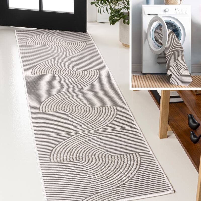 JONATHAN Y Reversible Zana Mid-Century Modern Curve Stripe Machine-Washable Dark Gray/Cream Indoor/Outdoor Area Rug - 2 X 8