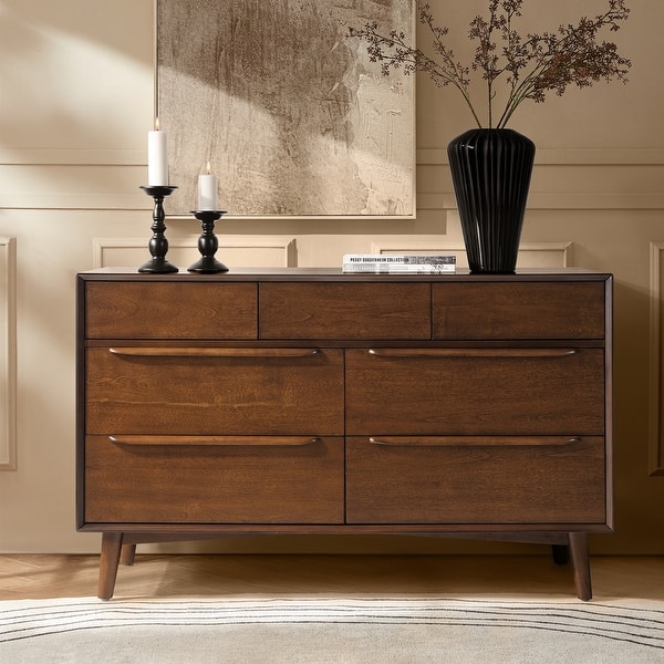 HULALA HOME Medea Mid-century Modern 7-Drawer Dresser with Solid Wood Legs and Built-in Drawer Dividers - Walnut