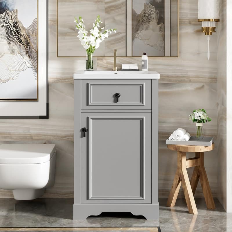 20" Bathroom Vanity with Ceramic Sink, Soft Close Door, Adjustable Shelf - Grey