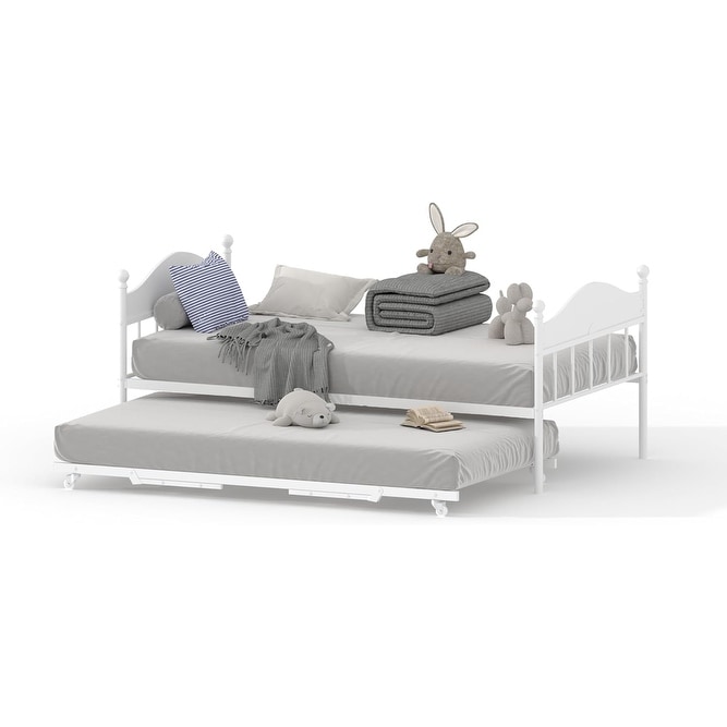 Twin Size Metal Daybed with Foldable Trundle, Sturdy Steel Platform & Lockable Casters for Living Room, Bedroom & Guest Room