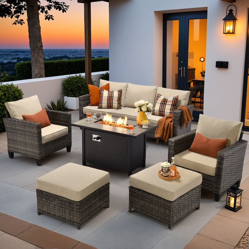 OVIOS 6 Pieces Patio Furniture Set with Fire Pit - Beige