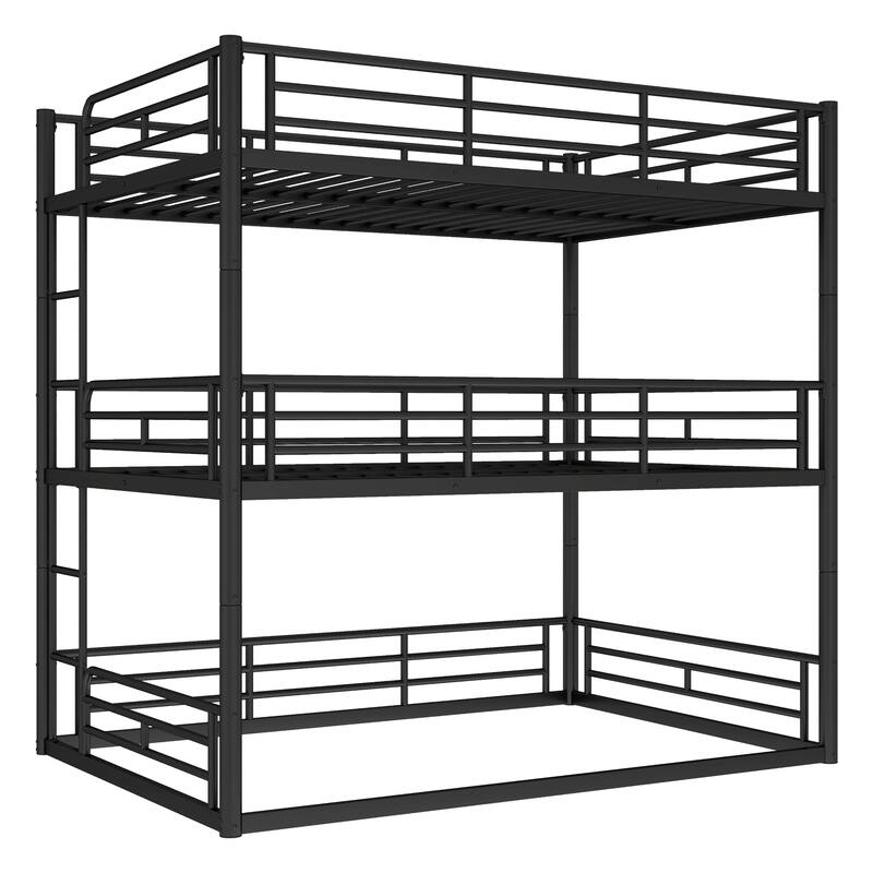 Full over Full over Full Bunk Bed, Metal Triple Bunk Bed with Safety Guardrails, Heavy-duty Bunk Bed with Noise-reduced Design