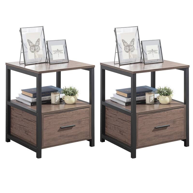 VECELO Nightstand Set of 1/2, Modern Square Side End Table, Living Room, Study Metal Frame - 2-pieces - Coffee