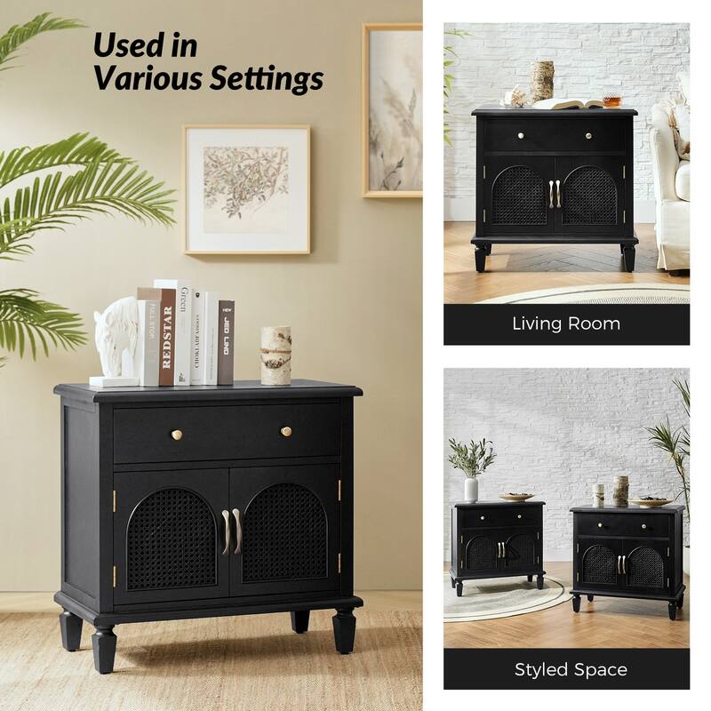 Georg Traditional 2-Faux rattan-Door End Table with Built-in Power Outlet and Adjustable Shelf Set of 2 by HULALA HOME
