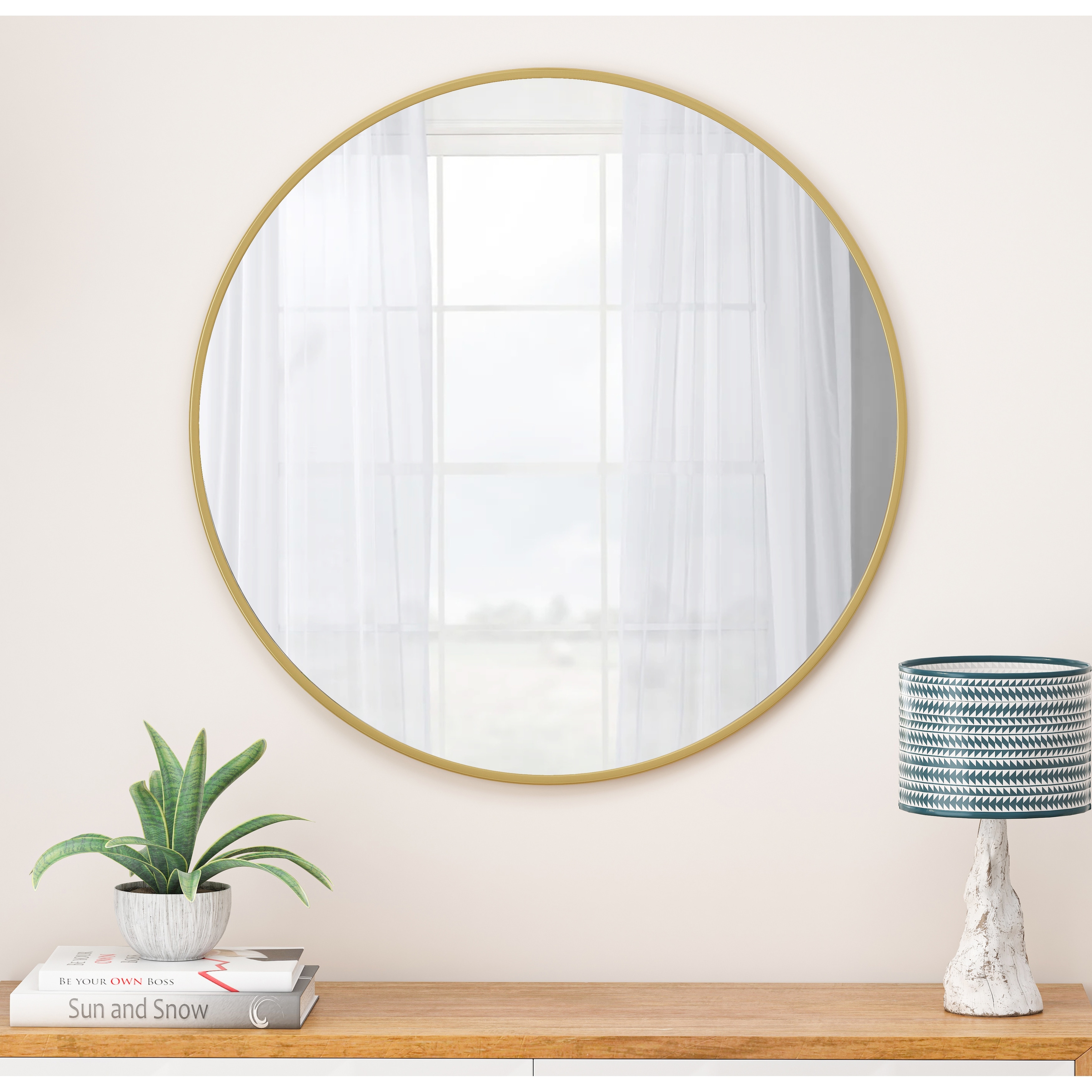 36" Wall Mounted Gold Round Metal Framed Mirror - 36 inches L x 36 inches W x 0.98 inches H