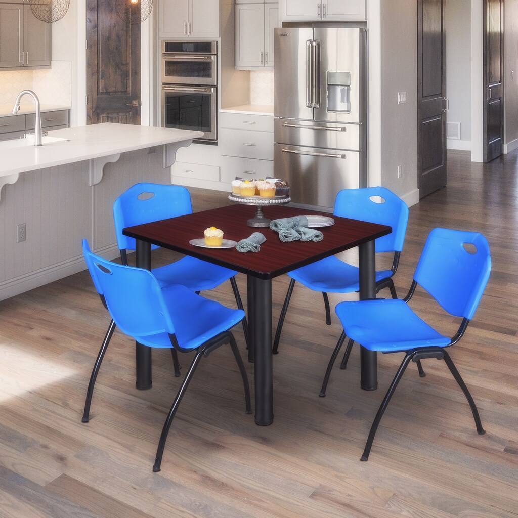 48 in. Square Breakroom Table- Mahogany/ Black & 4 'M' Stack Chairs- Blue