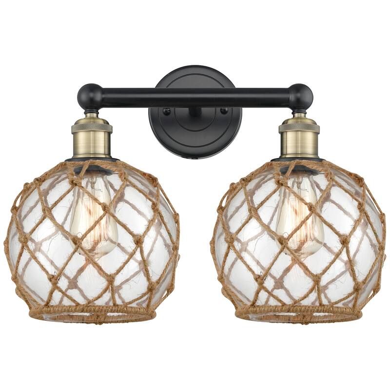 Innovations Lighting 616-2W-13-17 Farmhouse Rope Vanity Farmhouse Rope - Black Antique Brass / Clear Glass with Brown Rope
