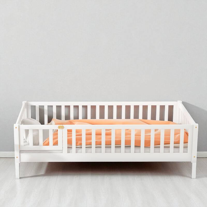 Twin Size Floor Bed with Fence and Door, Rubber Wood Frame with Safety Guardrails