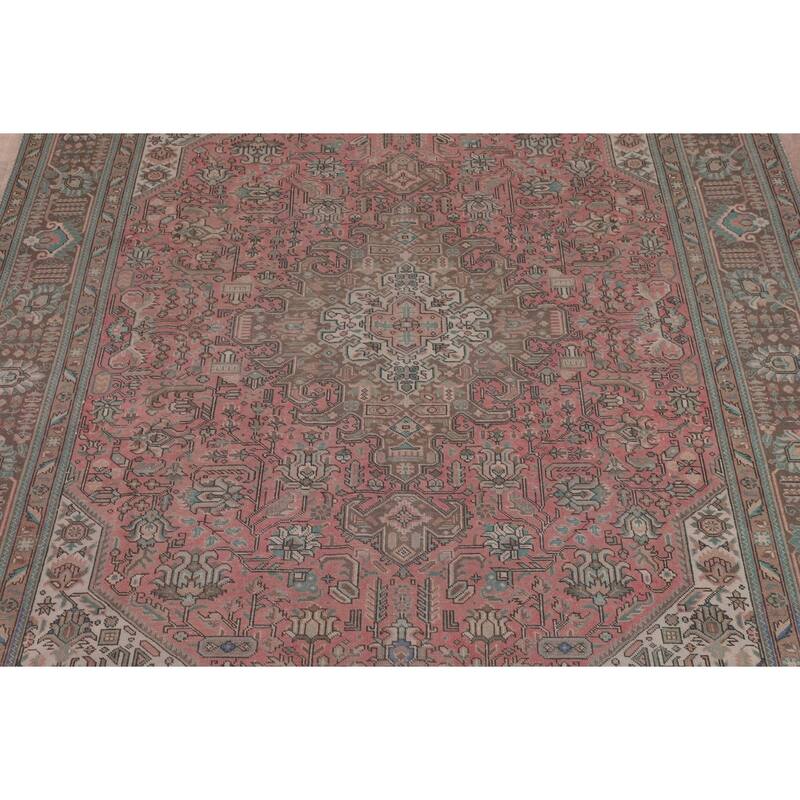 Pink Geometric Tabriz Persian Vintage Rug Hand-Knotted Wool Carpet - 9'6"x 12'4"