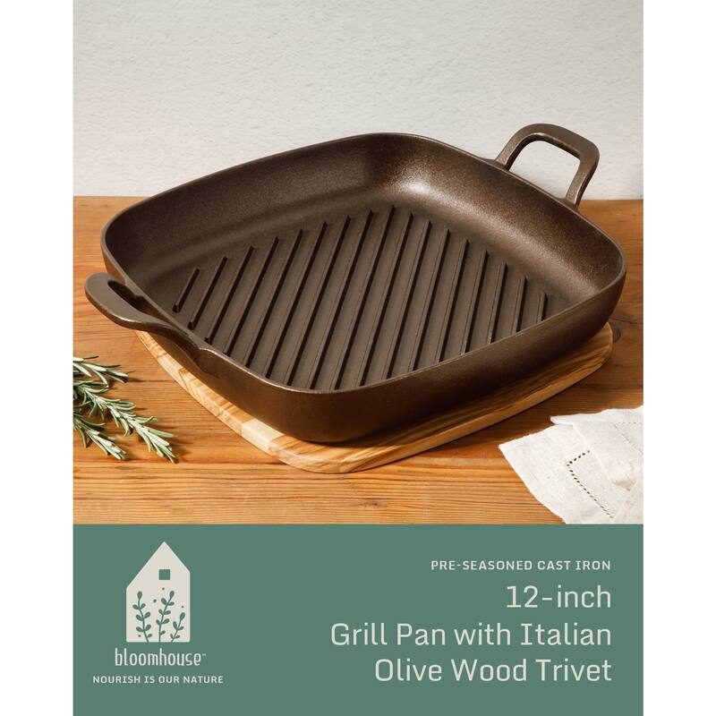 Bloomhouse Natural Bronze Finish Pre-seasoned Cast Iron Grill, Everyday Pan, Skillet & Olive Wood Trivet