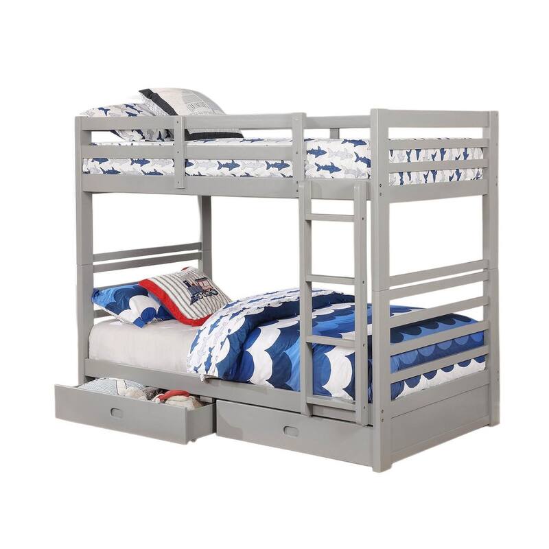 Twin Over Twin Bunk Bed with Two Drawers and Attached Ladder in Gray