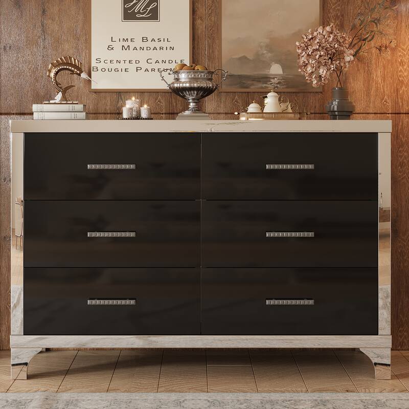 Elegant High Gloss Dresser with Metal Handle,Mirrored Storage Cabinet with 6 Drawers for Bedroom