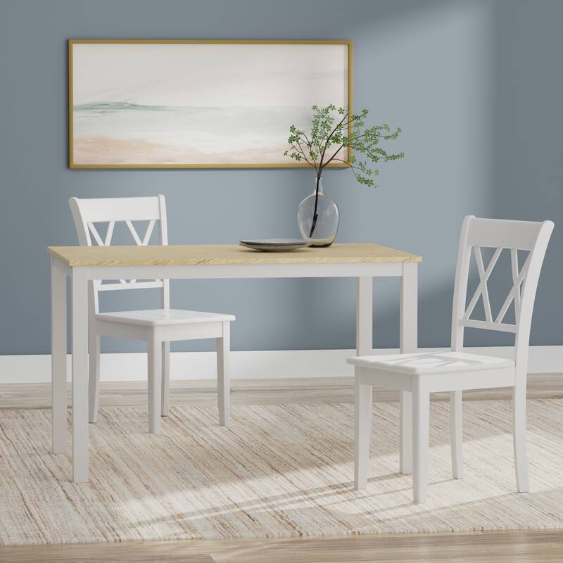 3-Piece Dining Set, 48" Rectangle Wood Table and Double X-Back Chairs - White/Natural Table + White Chairs