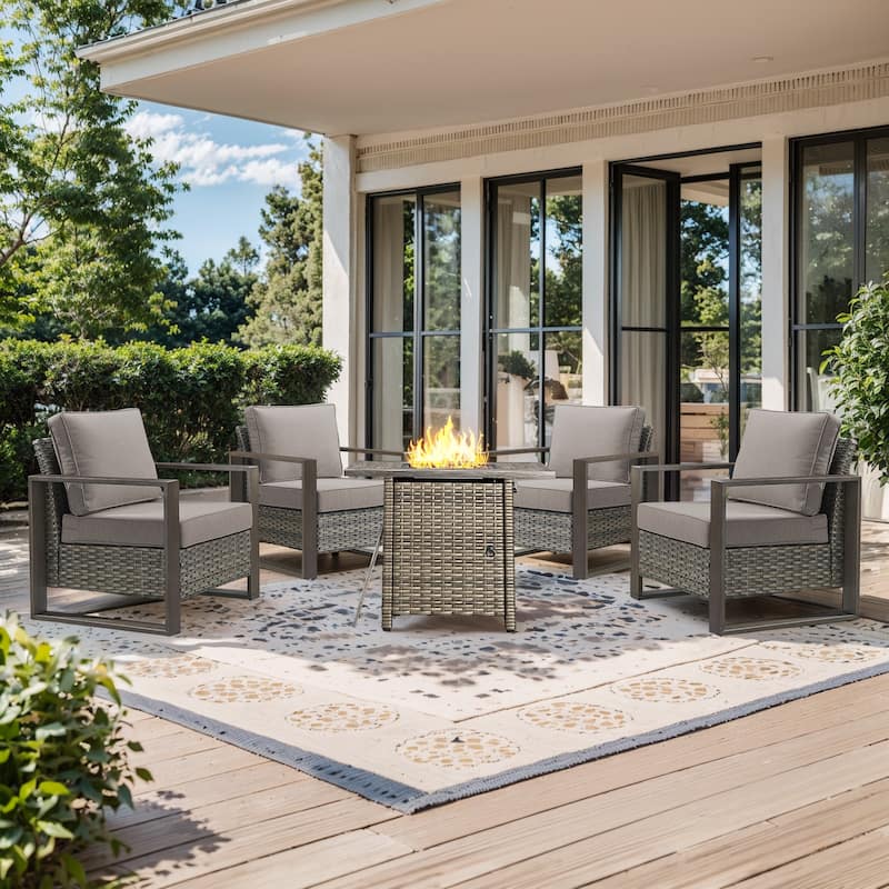 Pocassy 5-Piece Outdoor Patio Chair with Fire Pit Table Set - Gray cushion - Gray Wicker
