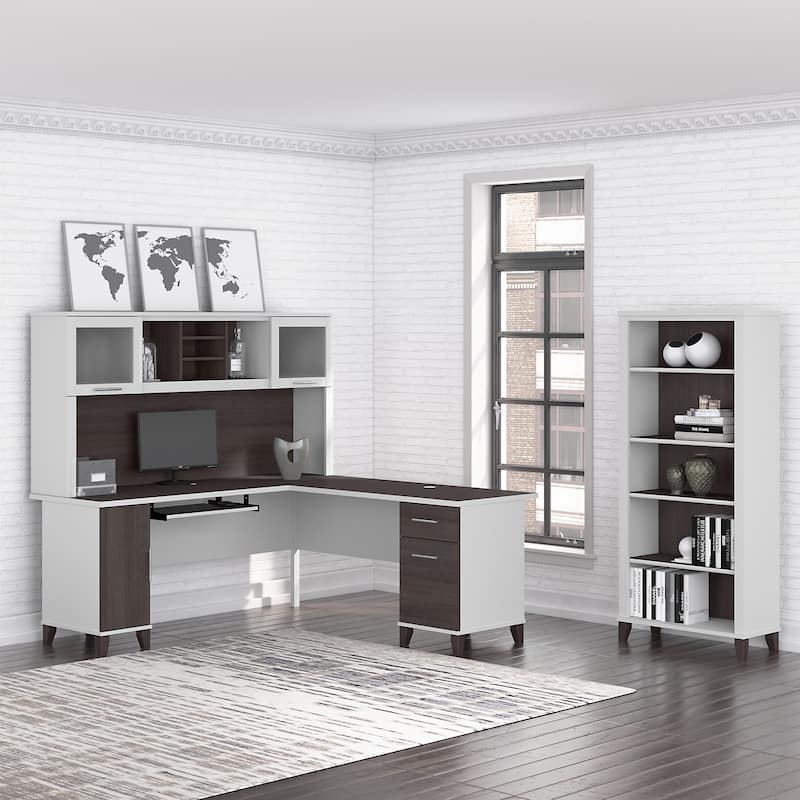 Somerset 72W L Shaped Desk with Hutch and 5 Shelf Bookcase - Storm Gray/White
