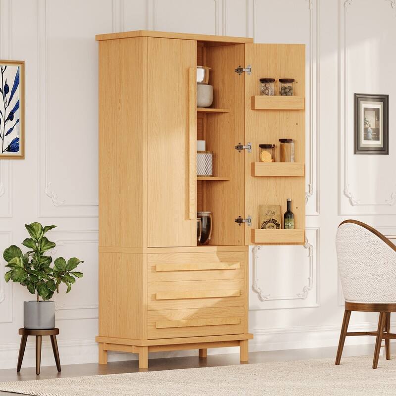 Farmhouse 70" Tall Kitchen Pantry Cabinet,Freestanding Wooden Kitchen Cupboard with 6 Door Shelves and 3 Drawers