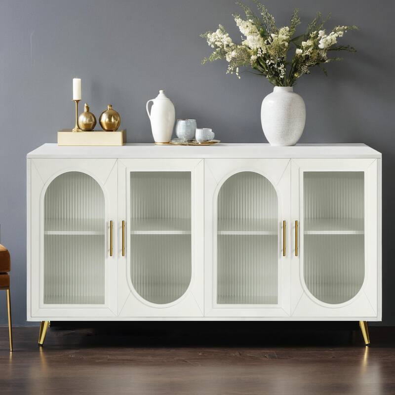 TV Stand for 65+ Inch TV, Wood TV Stand with Storage Cabinet & Adjustable Shelves, Media TV Console for Living Room Bedroom - Antique White