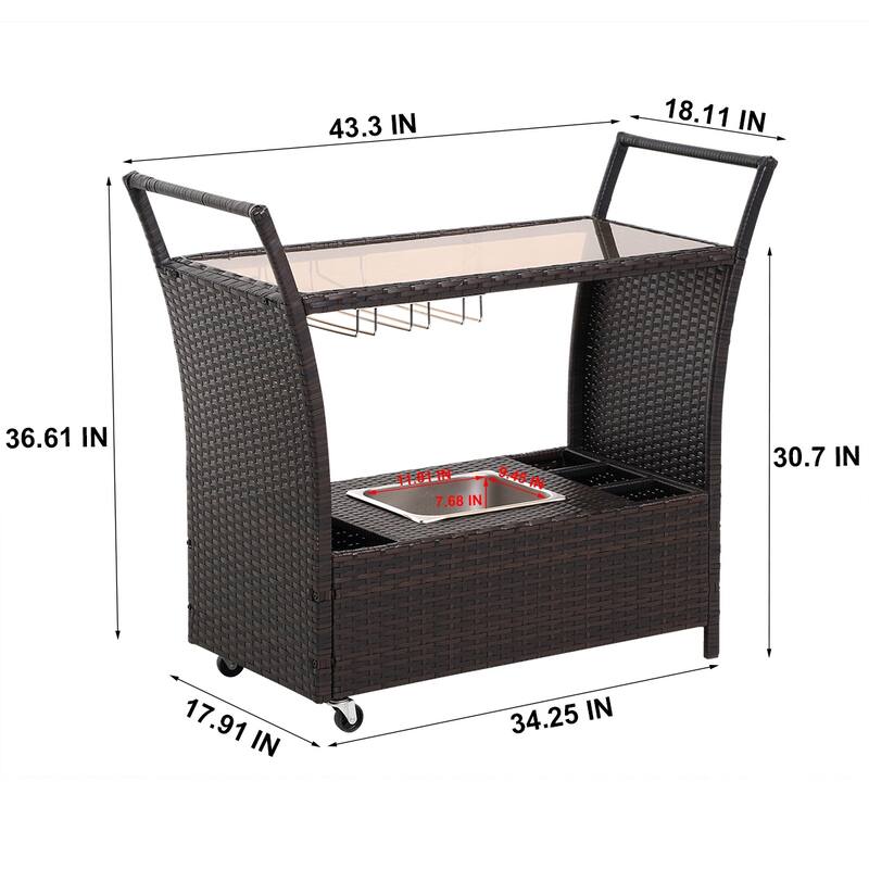 Outdoor Wicker Bar Serving Cart with Wheels and Ice Bucket,Brown