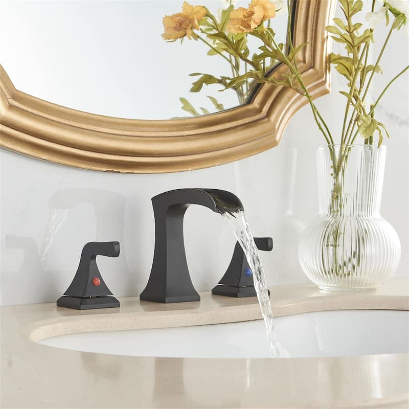 Waterfall Widespread Bathroom Faucet Wtih Drain Assemble 2 Handle Bathroom Sink Faucets 3 Holes Modern Lavatory Vanity Basin Tap - Matte Black