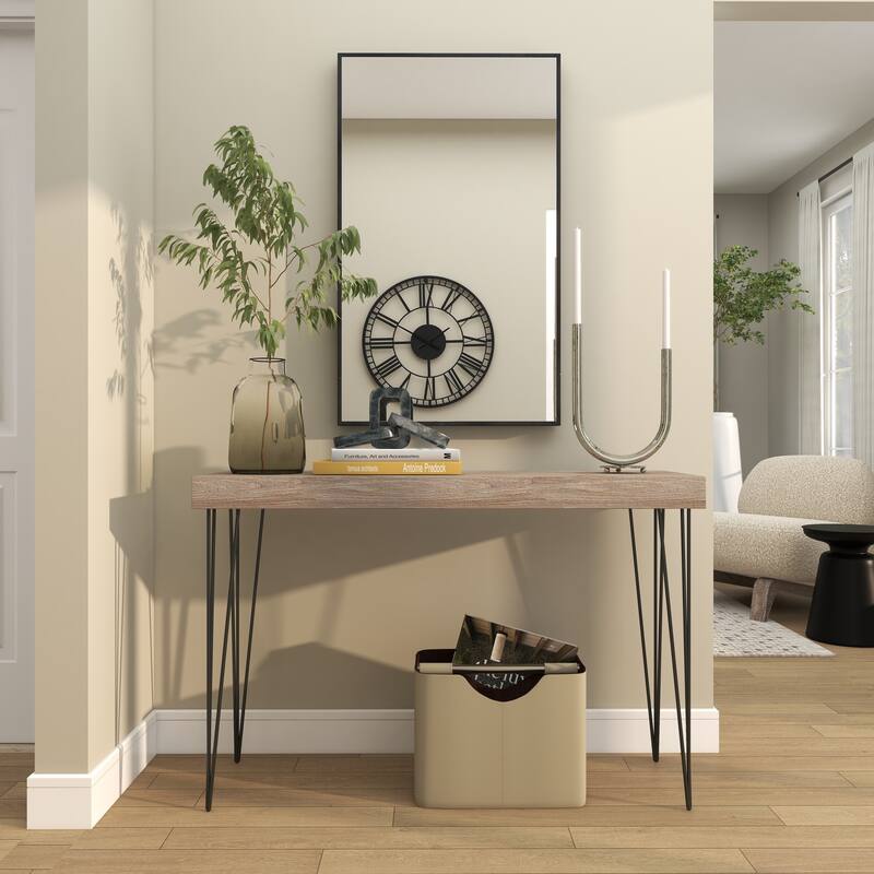 Brown Wood Console Table with Black Metal Hairpin Legs