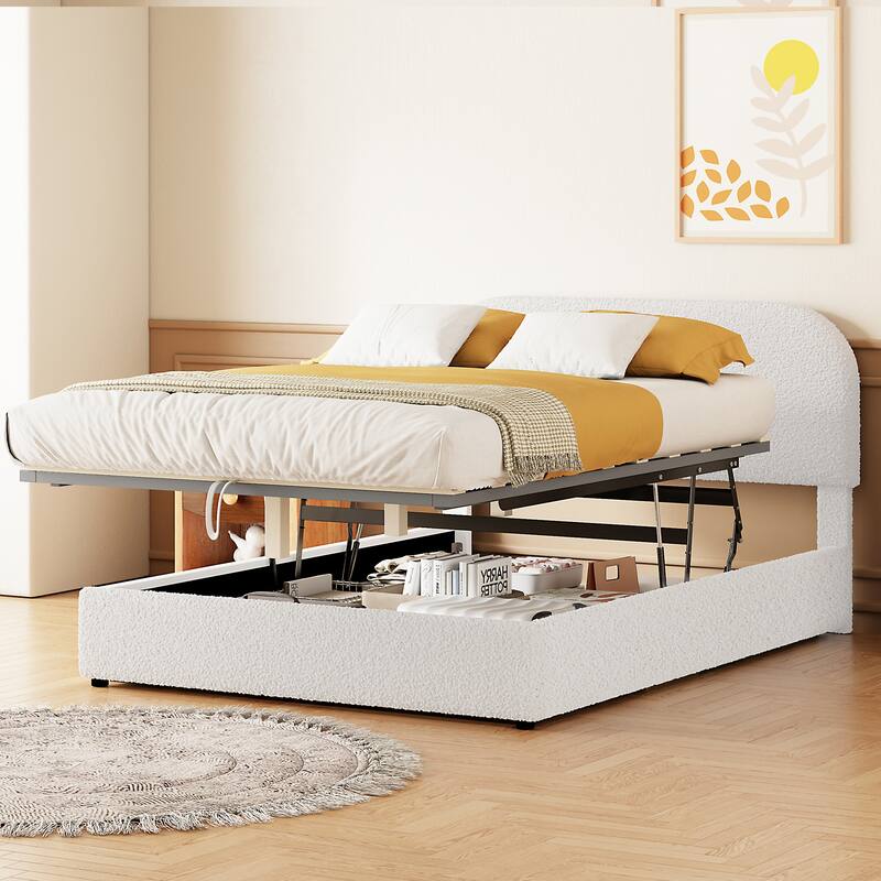 Upholstered Platform Bed with Hydraulic Storage System and Curved Shaped Headboard, Wood Bed Frame for Kids Adults Bedroom/White