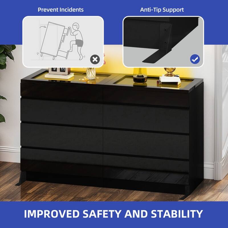 Modern 8-Drawer Dresser Chest Dresser of Drawer Organizers with LED Light High Gloss