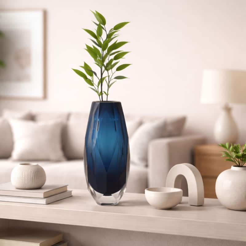 Blue Cut Glass Vase Art Deco Squat Oval Decorative Table Accent