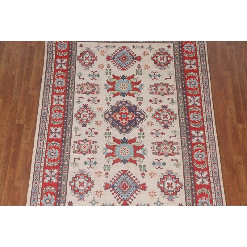 Hand Knotted Oriental 100% Wool Carpet Traditional Geometric Beige & Ivories Kazak Area Rug - 8' 11'' X 5' 11''