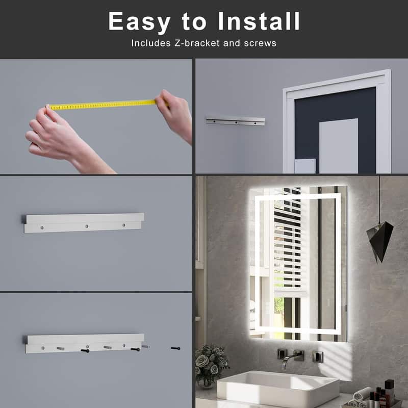 Extra Large LED Bathroom Mirror Anti-Fog Tempered Wall Vanity Mirror with Double Light Strip, Dimmable, UL-Listed