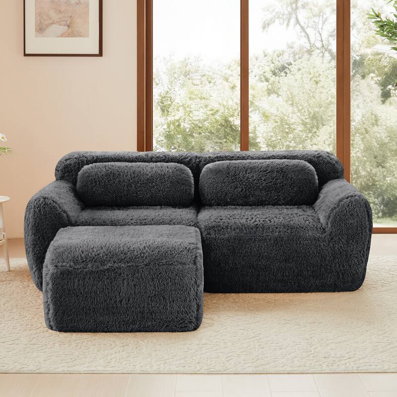 L-shaped Boneless Sofa, Soft Fluffy Plush Fabric, With Chaise 32D High Density Sponge, No Assembly Required