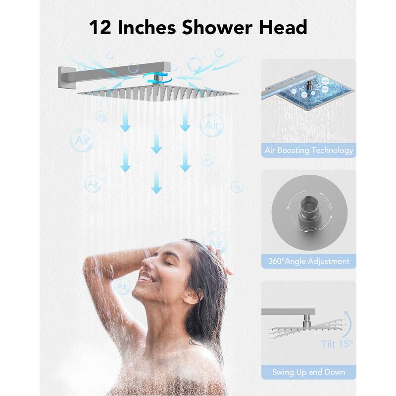 Thermostatic Shower System 12" Rain Shower Head with High Pressure Handheld Spray