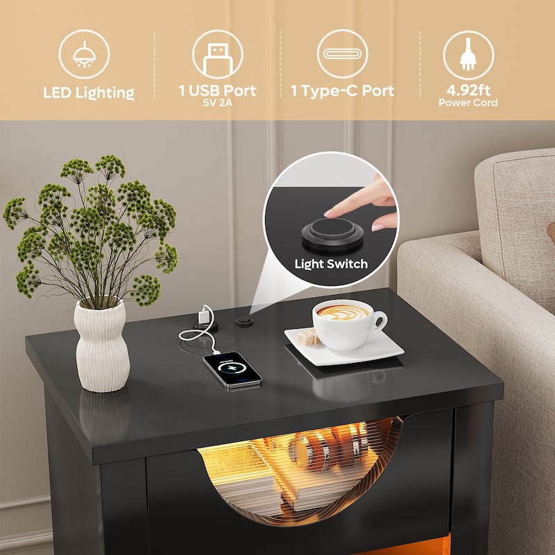 Bestier Nightstands Set of 2 with Charging Station, Modern LED End Table Bedside Table with Drawer for Bedroom & Living Room