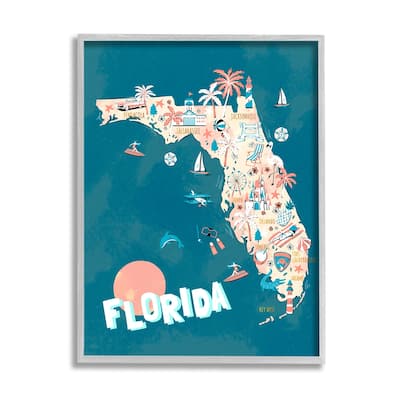 Stupell Florida Sunny State Retro Vacation Tourism Vivid Map Framed Wall Art, Design by Ziwei Li - Blue