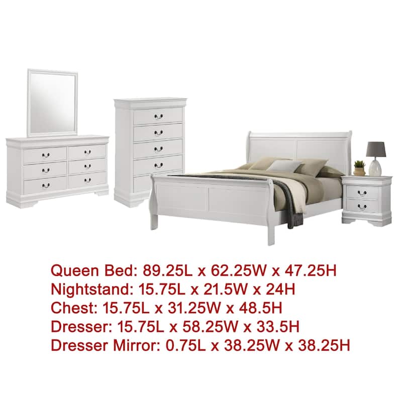 Nim 5pc Queen Bedroom Set, Sleigh Panel Design, White Okume Veneer