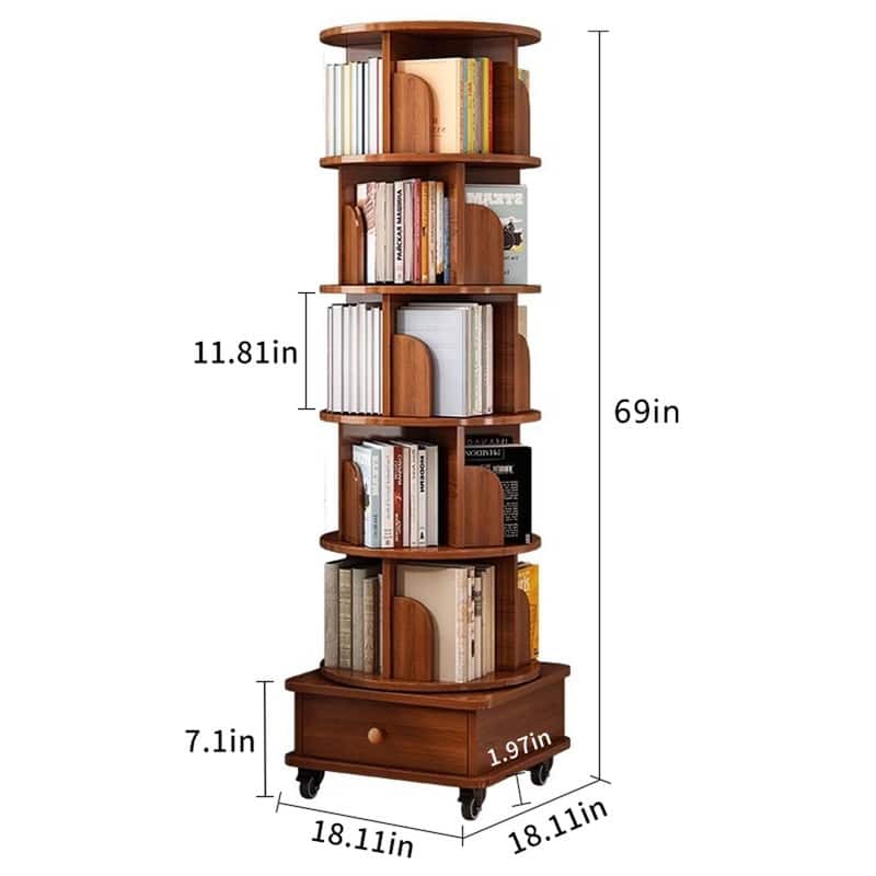 5/6 Tier Rotating Bookshelf, 360 Display Corner Bookshelf, Floor Standing Bookcase Storage Rack With Wheels and Drawer