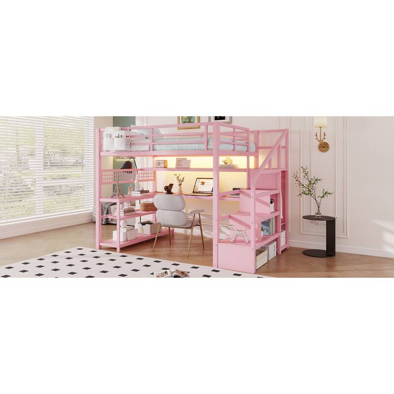 Roomfitters Full Metal Loft Bed, L-Shaped Desk and LED Staircase Wardrobe with Charging Station for Girls Bedroom