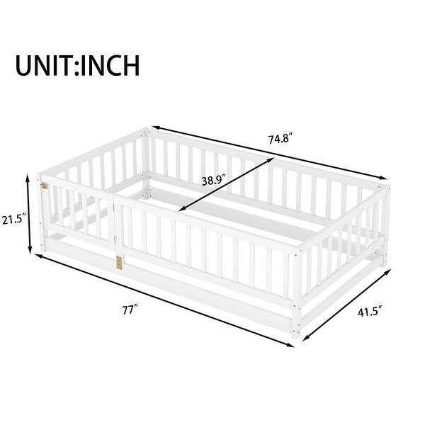 dimension image slide 4 of 7, Montessori Floor Bed with Fence & Door, Toddler Wood Bed Frame for Kids