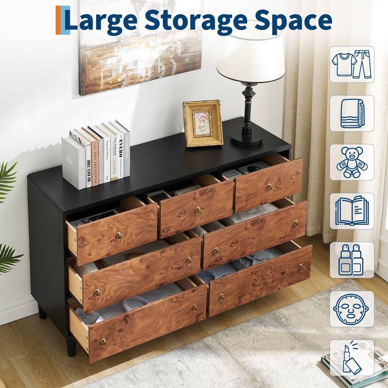 Modern Chest of Drawers with Natural Texture, Curved Profile Design, Dresser TV Stand, Wood Drawer Organizer for Bedroom