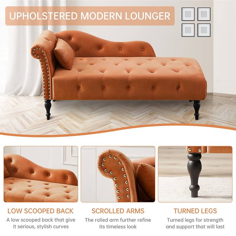 60"W Velvet Chaise Lounge, Tufted with Pillow & Nailhead Decorate - 60.6W" x 27.5D" x 28.3"H