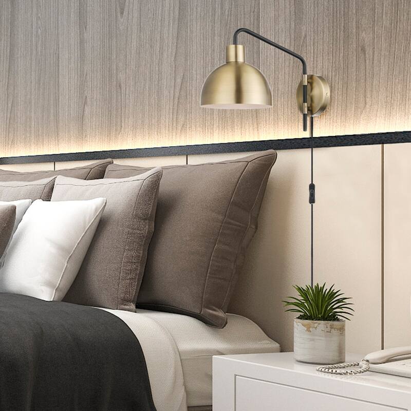 Dimitri 1-Light Antique Brass Plug-In or Hardwire Wall Sconce - 8.25