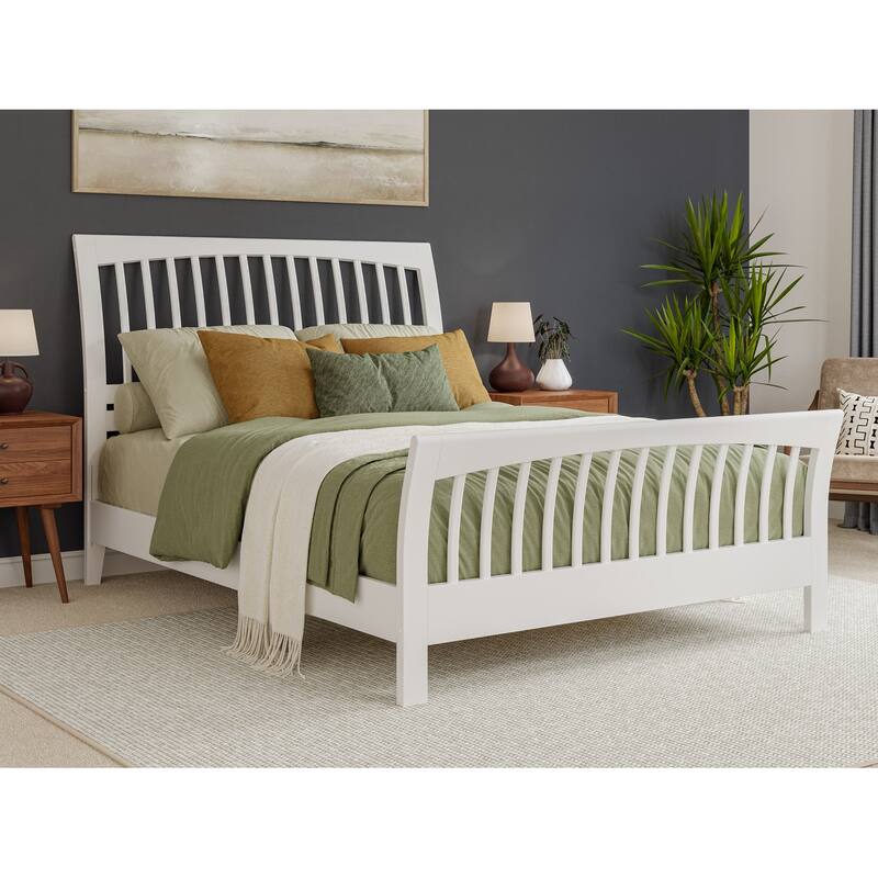 Solid Wood Low Profile Bed - White Platform Bed with Footboard & Sleigh Headboard - Mattress Support