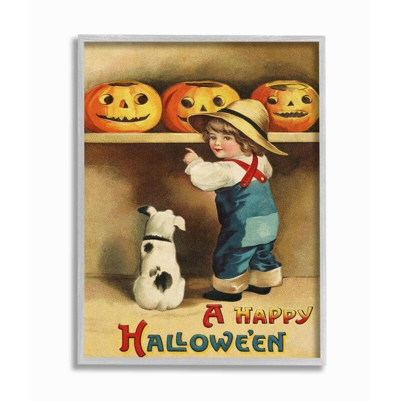 Stupell A Happy Halloween Child and Dog Seasonal Holiday Design Framed Wall Art - Grey Framed-16 x 20