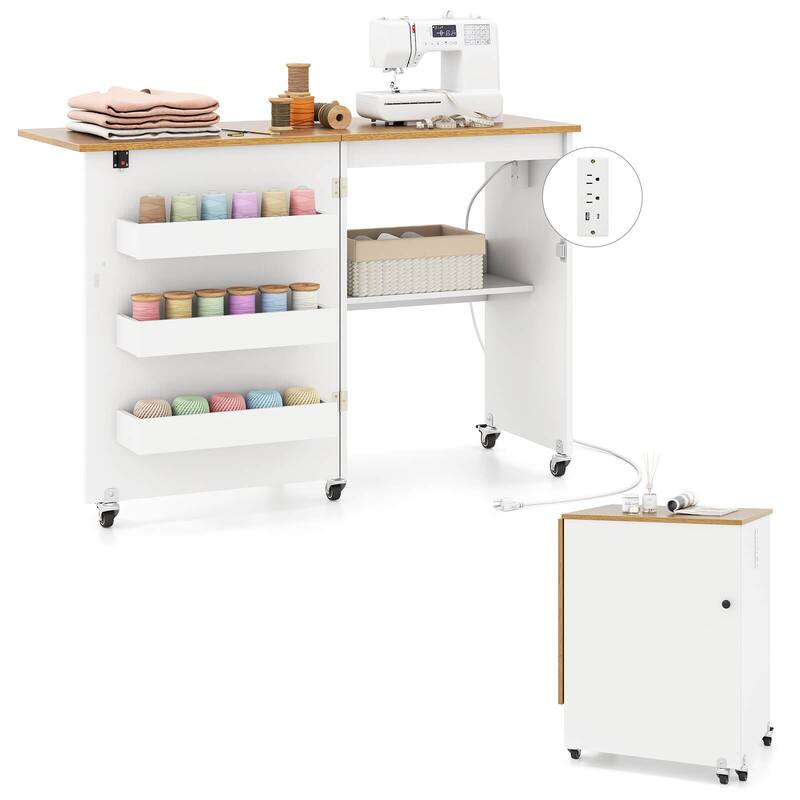 Costway Folding Sewing Table Rolling Craft Station with 3 Storage Bins - See Details - White+natural