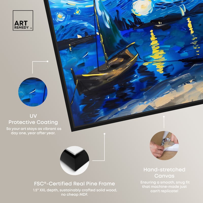 Art Remedy Whimsical Night Sail Framed Impressionism 1 Piece Canvas Wall Art /Monet And Van Gogh Inspired Art