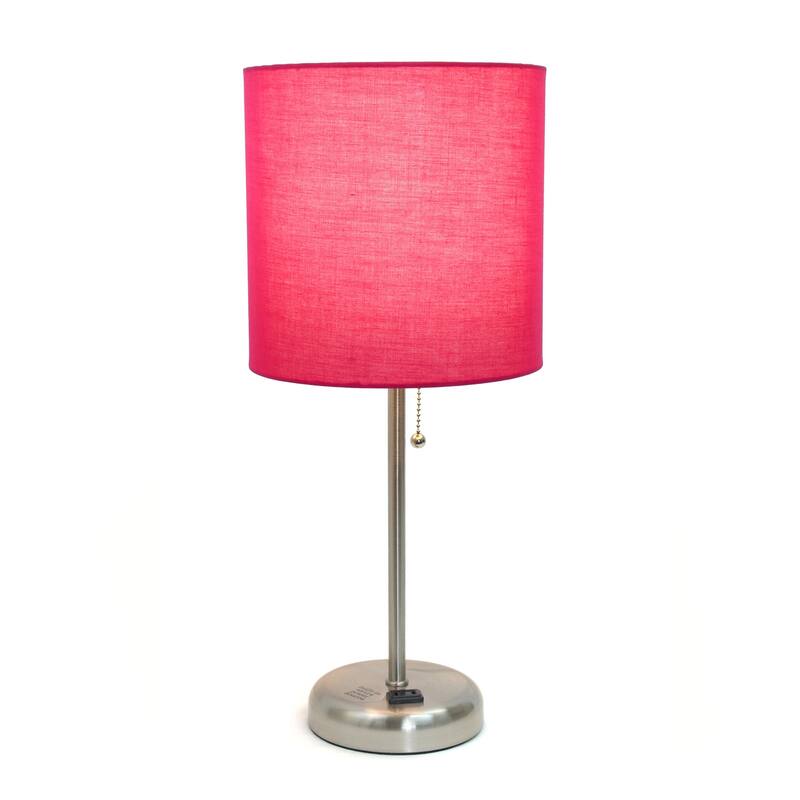 19.5 in. Brushed Steel Finish Table Lamp with Pink Shade, Sturdy Table Lamp for Living Rooms and Bedrooms
