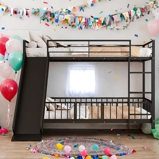 Twin over Twin Size Metal Bunk Bed with Slide and Guardrails,Industrial Minimalist Metal Bed聽
