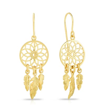 Curata 14k Yellow Gold 11x32mm Bohemian Dream Catcher Hook Earrings