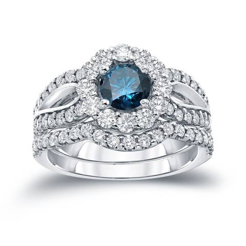 Auriya 2 1/3ctw Halo Blue Diamond Engagement Ring Set 14k Gold