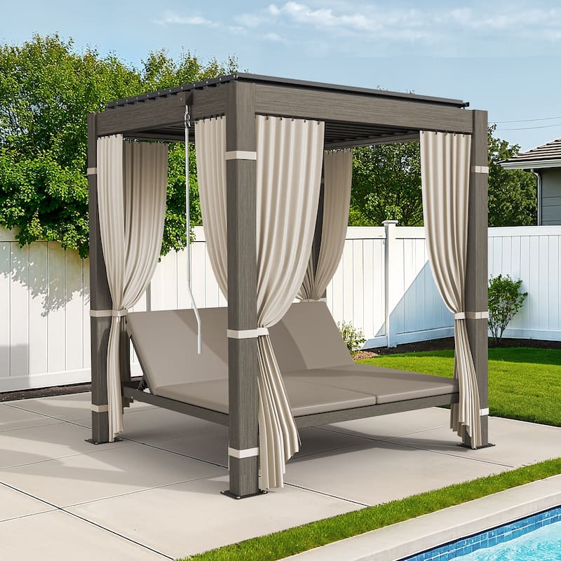 Outdoor Patio Daybed With Canopy, Double Chaise Lounge Sunbed With Adjustable Seats, Aluminum Outdoor Patio Sunbed For Garden - Slate-gray