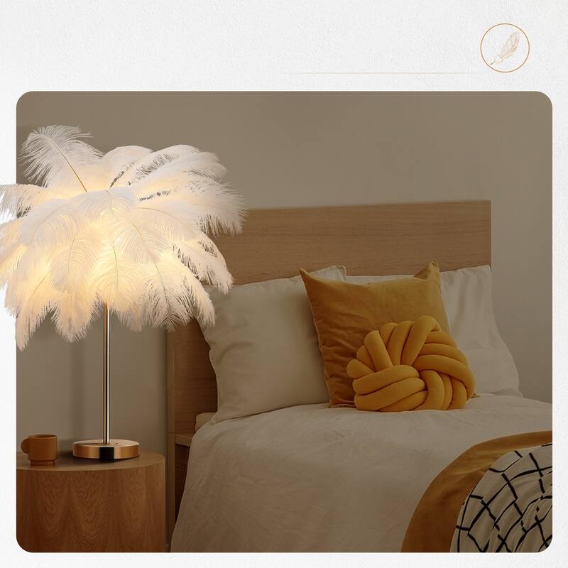 Gold White Feather Tripod Table Lamp With Bulbs